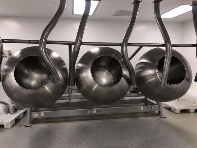 (3) O'Hara 48" diameter stainless steel coating pans on a common frame