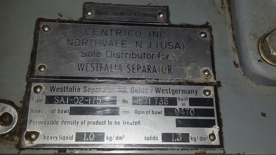 Westfalia model SA1-02-175 high speed Separator/Centrifuge