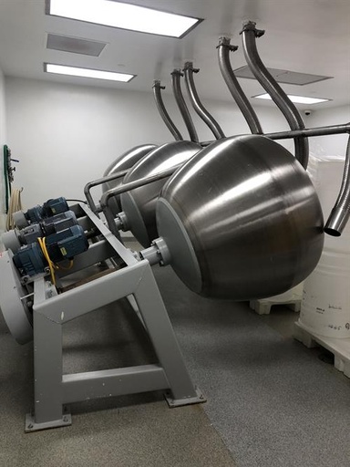 [85296] (3) O'Hara 48" diameter stainless steel coating pans on a common frame