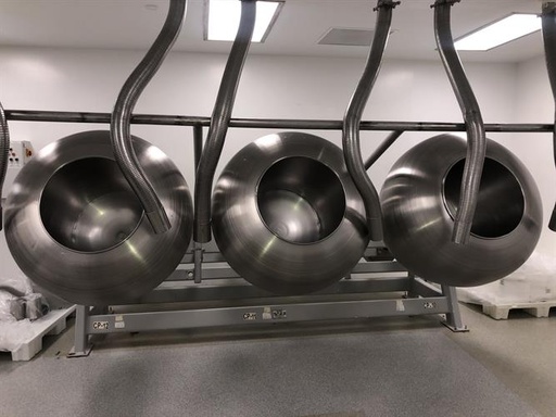[85296] (3) O'Hara 48" diameter stainless steel coating pans on a common frame